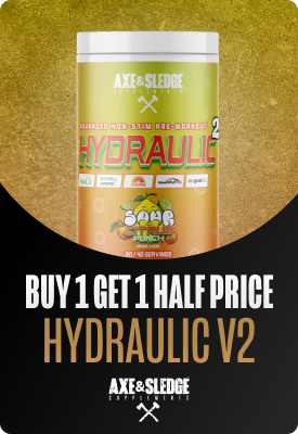 Axe & Sledge Hydraulic V2 pre-workout tub, Citrus Punch flavour on gold background with 'Buy 1 Get 1 Half Price' promotional banner