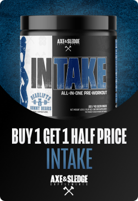 Axe & Sledge INTAKE all‑in‑one pre‑workout tub with prominent 'Buy 1 Get 1 Half Price' promotional banner
