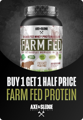 Jar of Axe & Sledge Farm Fed whey protein isolate, chocolate milkshake flavour, 30 servings — Buy 1 Get 1 half price promotion