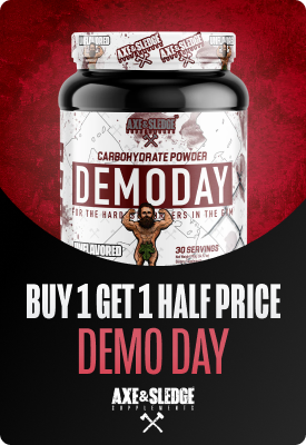 Jar of Axe & Sledge Demo Day carbohydrate powder with 'Buy 1 Get 1 Half Price' promotion on red and black background