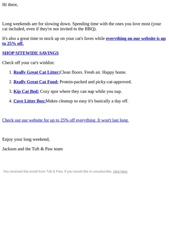 Up to 25% of sitewide for the long weekend