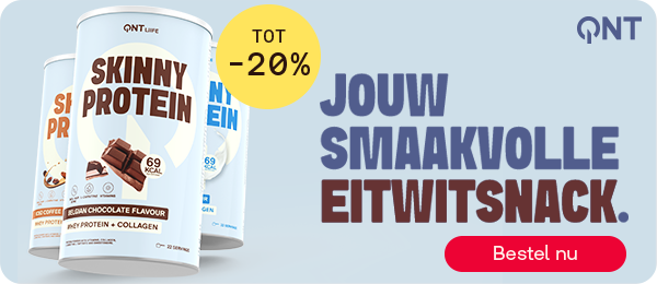 QNT Skinny Protein eiwitsnack tot -20%, knop “Bestel nu”.