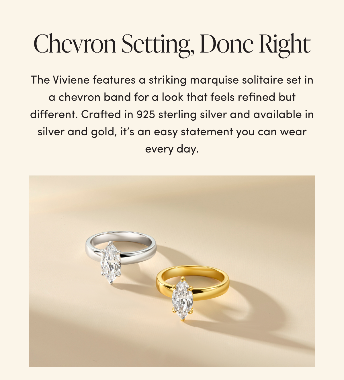 Two marquise solitaire rings in silver and gold with a chevron band.