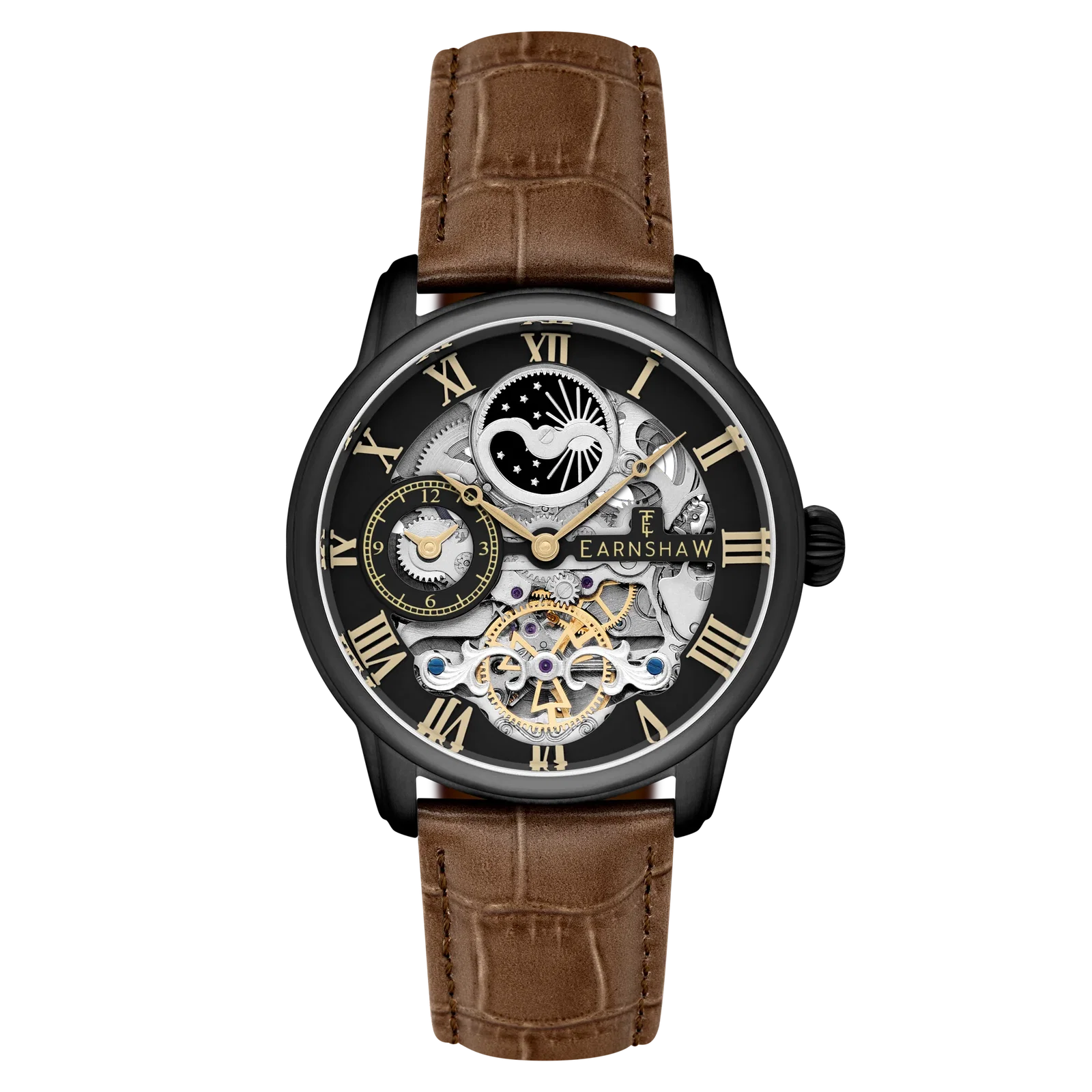 Image of Thomas Earnshaw Men's 44mm Longitude Automatic Moonphase Skeletonized Leather Strap Watch