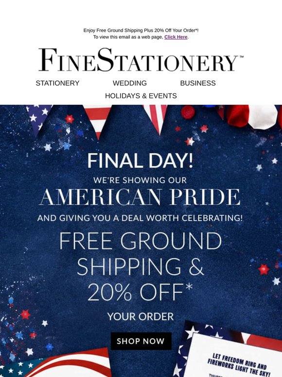 TIME'S ALMOST UP! Free Shipping + 20% Off Ends Tonight