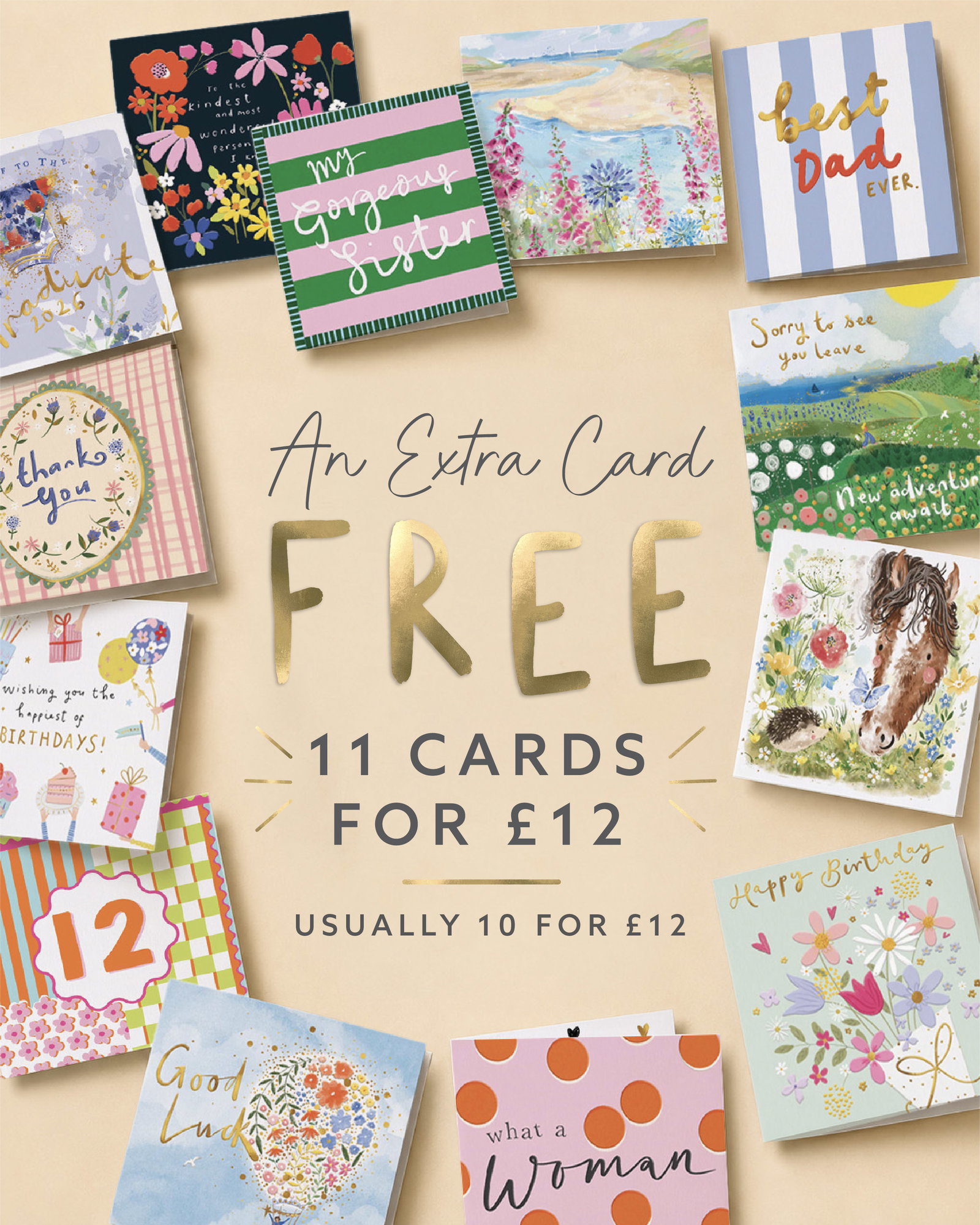 A selection of colourful Whistlefish greeting cards arranged around gold foil lettering promoting the limited time 11 cards for £12 multi-buy offer with floral, birthday, thank you and new baby designs on a soft neutral background.