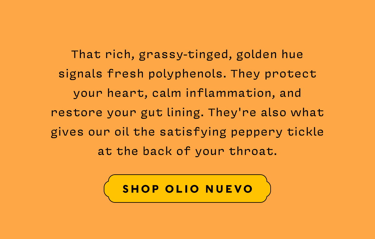 That rich, grassy-tinged, golden hue signals fresh polyphenols. They protect your heart, calm inflammation, and restore your gut lining. They're also what gives our oil the satisfying peppery tickle at the back of your throat.  SHOP OLIO NUEVO