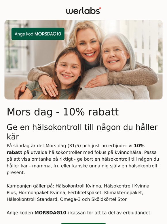 Påminnelse inför Mors dag - 10% rabatt på hälsokontroller med fokus på kvinnohälsa.
