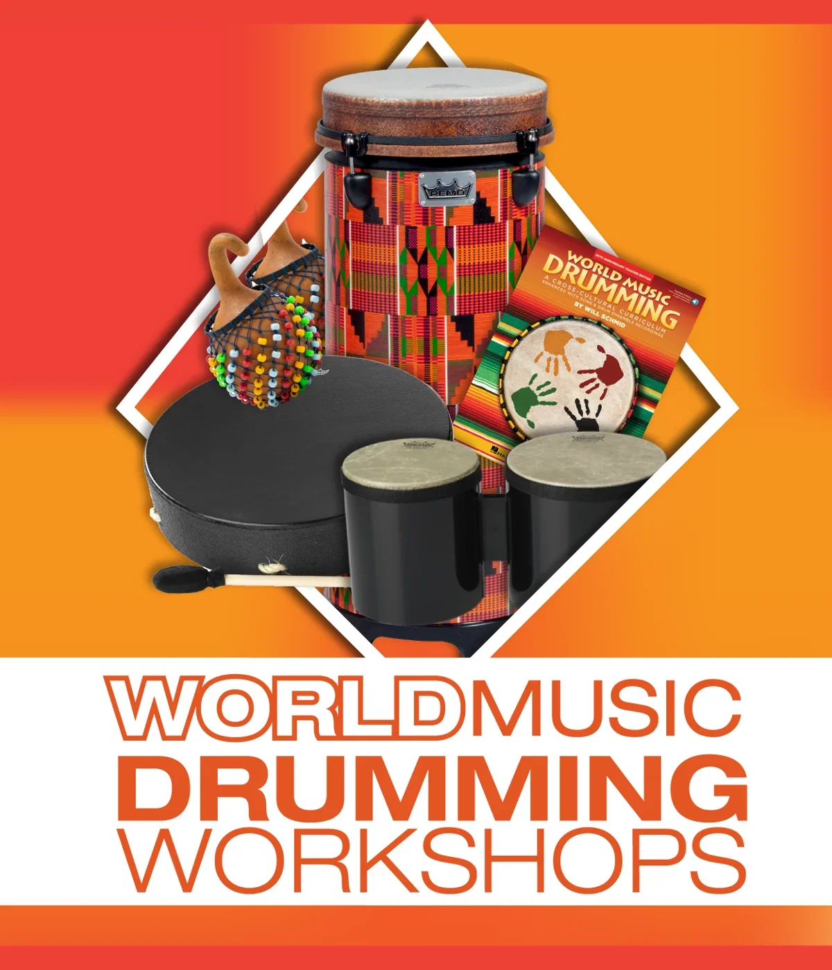 World Music Drumming kit with colorful drums, shaker, and book on an orange-red background with bold text promoting global percussion learning.