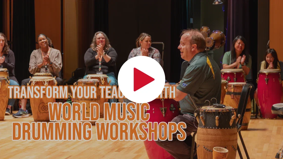 Group of educators drumming and smiling in a workshop with text “Transform Your Teaching with World Music Drumming Workshops.”