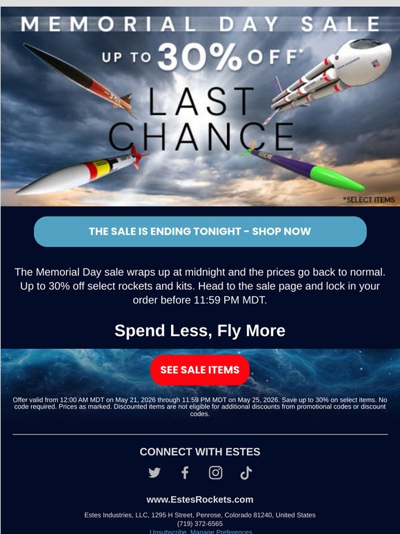 Last chance! Up to 30% off ends tonight.