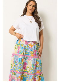 YOURS Curve White Tile Print Tiered Maxi Skirt