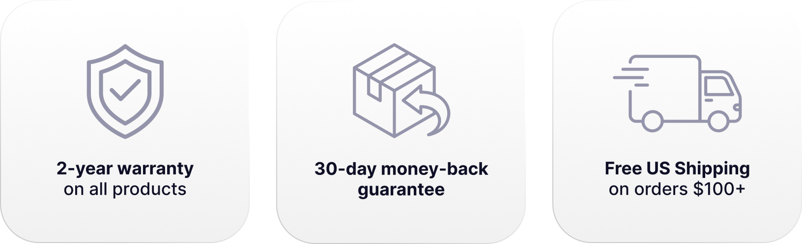 2-year warranty on all products 30-day money-back guarantee Free US Shipping on orders $100+