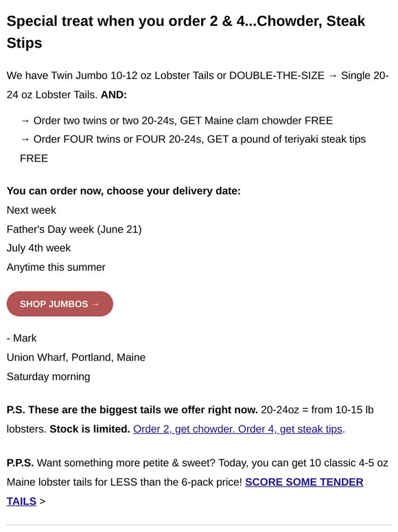 🔥 Jumbo tail update: Still available (order 2 get chowder, 4 get steak tips)