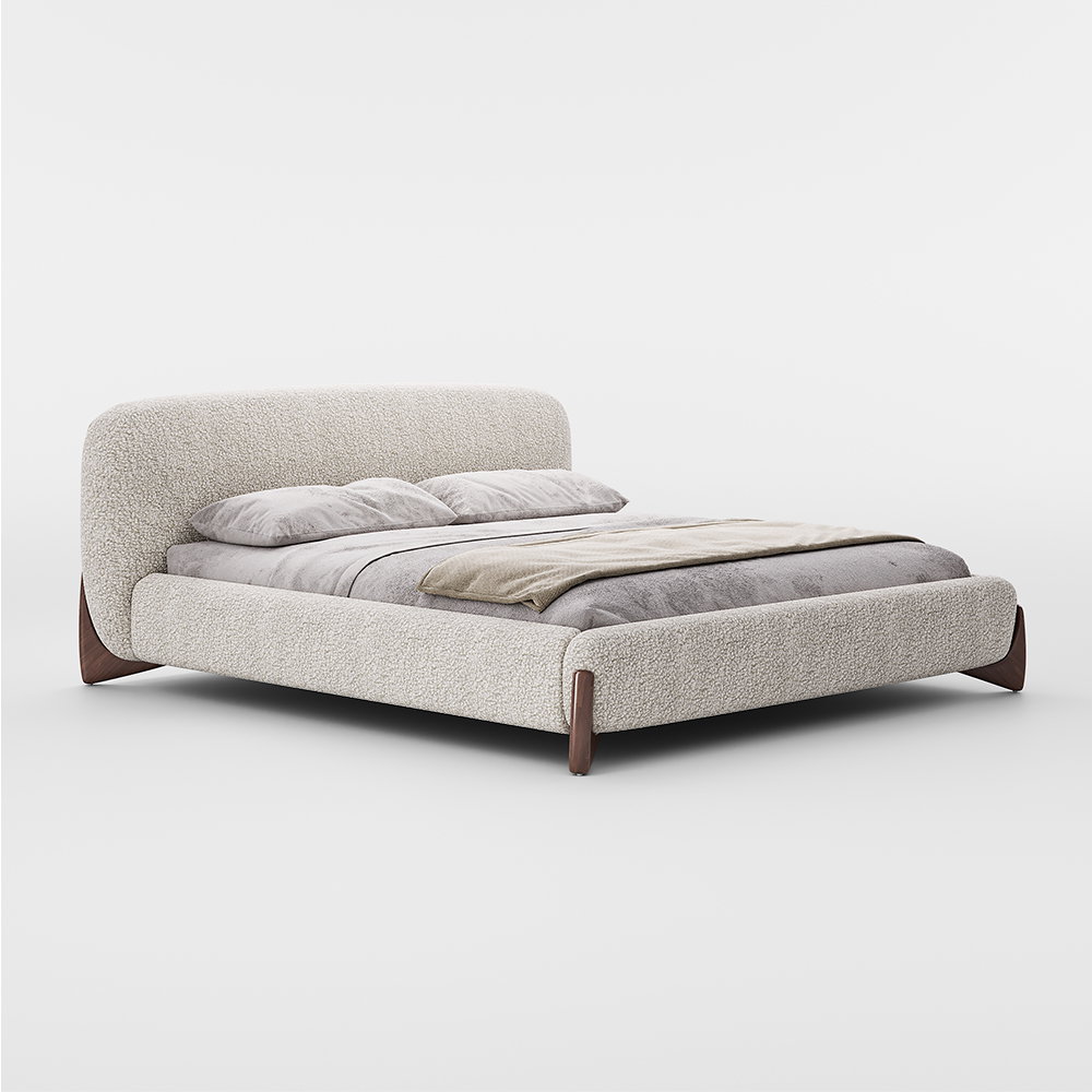 Image of Boucle Platform Bed Frame with Upholstered Headboard