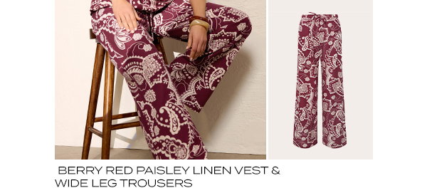 Berry Red Paisley Linen Wide Leg Trousers