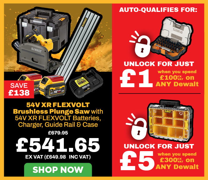 Dewalt DCS520T2 54V XR FLEXVOLT Brushless Plunge Saw with 2x 2.0Ah 54V (6.0Ah 18V) XR FLEXVOLT Batteries, Charger, Guide Rail & Case