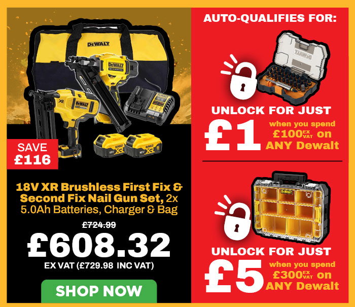 Dewalt DCK246P2 18V XR Brushless First Fix & Second Fix Nail Gun Set (DCN930 & DCN660), 2x 5.0Ah Batteries, Charger & Large Canvas Bag