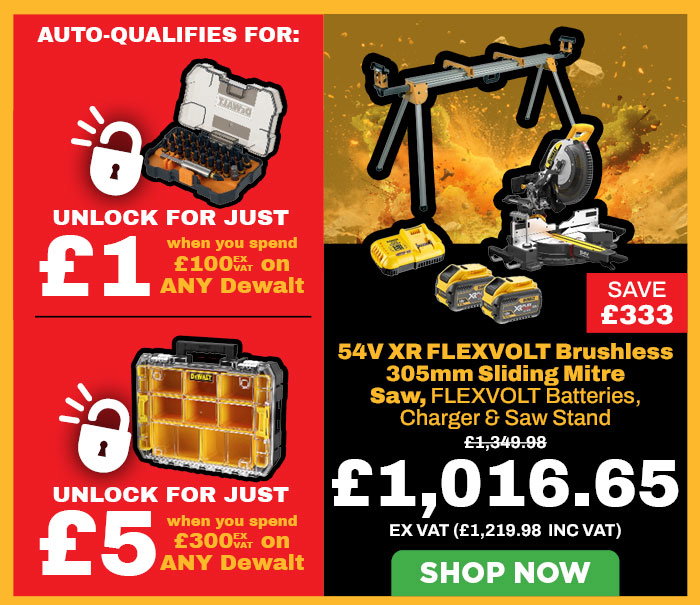 Dewalt DCS781X2 54V XR FLEXVOLT Brushless 305mm Sliding Mitre Saw, 2x 9.0Ah XR FLEXVOLT Batteries, Charger & DE7023 Universal Extendable Saw Stand