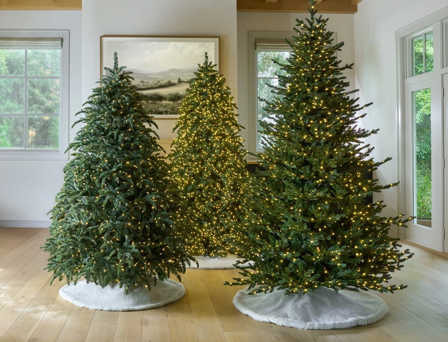 Pre-lit trees displayed in a living room 
