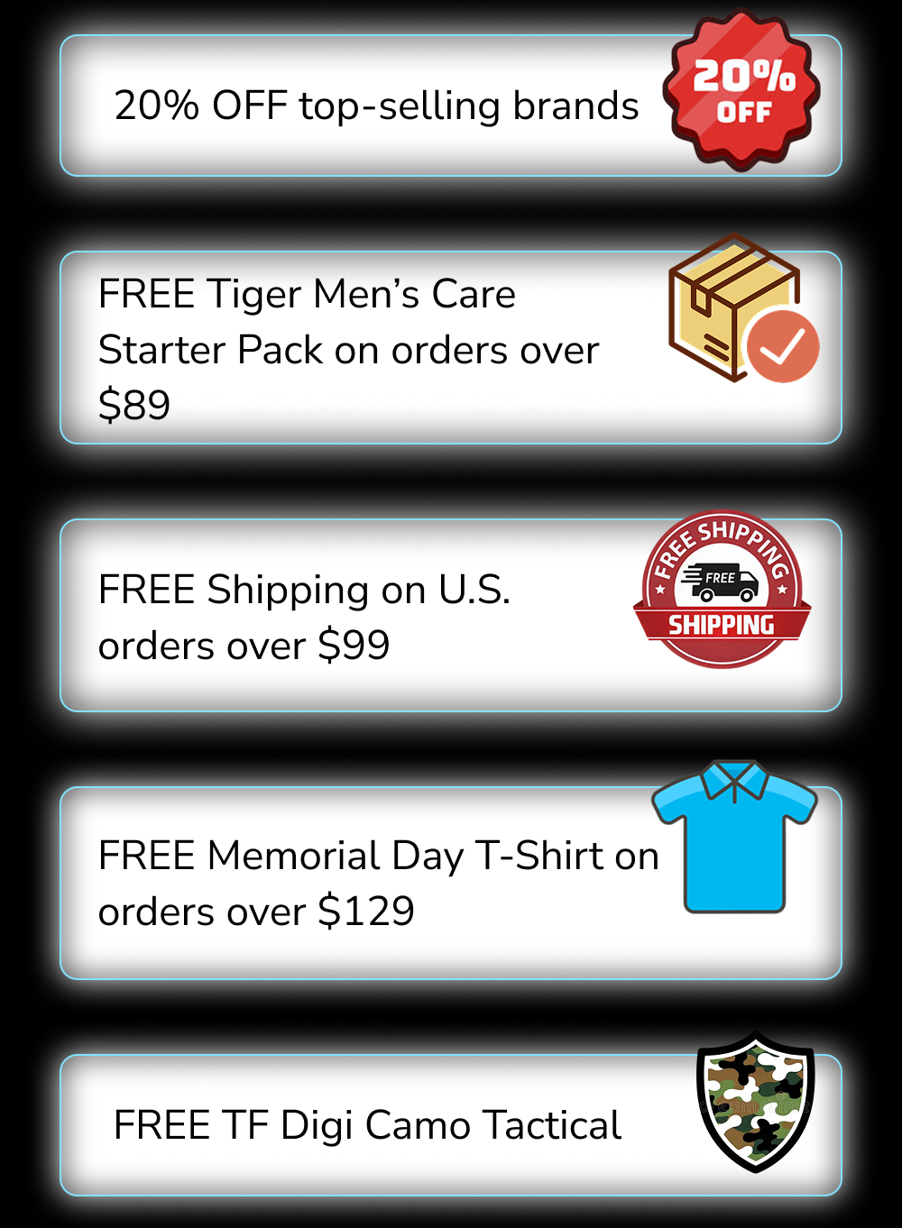 20% off top-selling brands, free gifts and shipping offers on various orders.