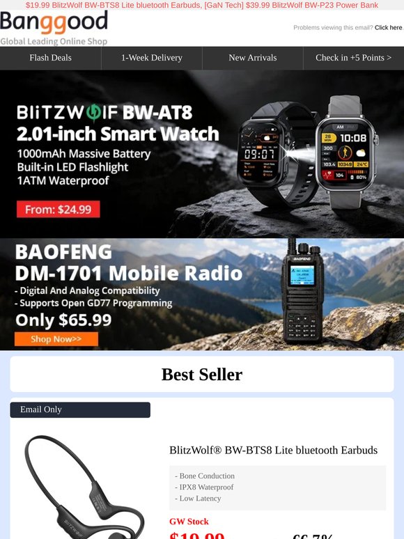 Hurry!🔋1000mAh BlitzWolf BW-AT8 Smart Watch Only $24.99, BAOFENG DM-1701 Radio Only 65.99 >>