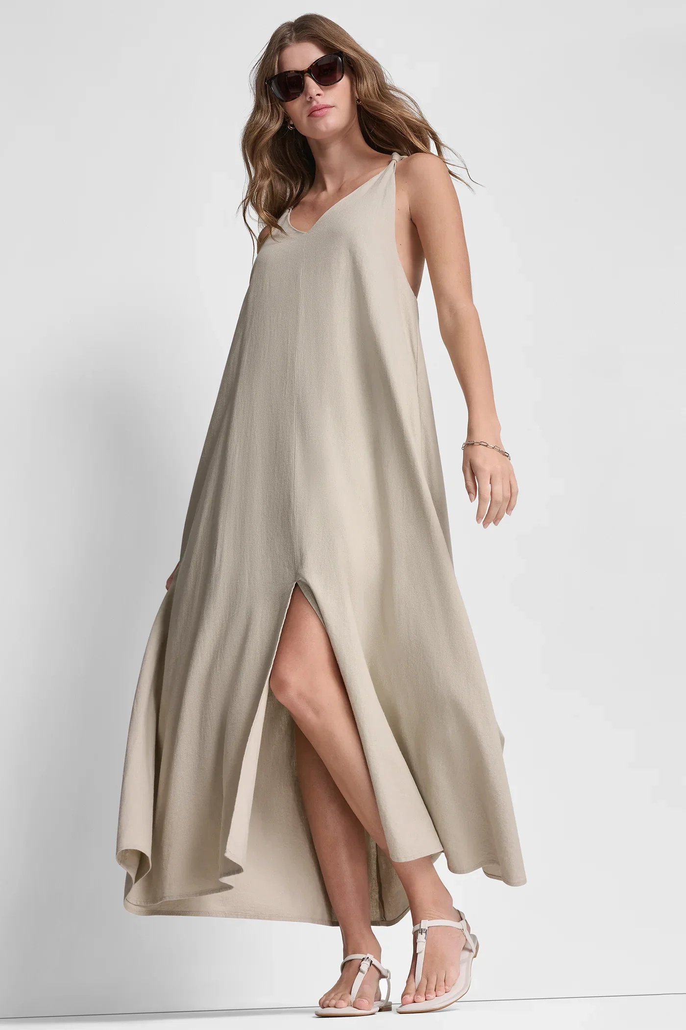 Image of LINEN-BLEND TIE BACK MAXI DRESS