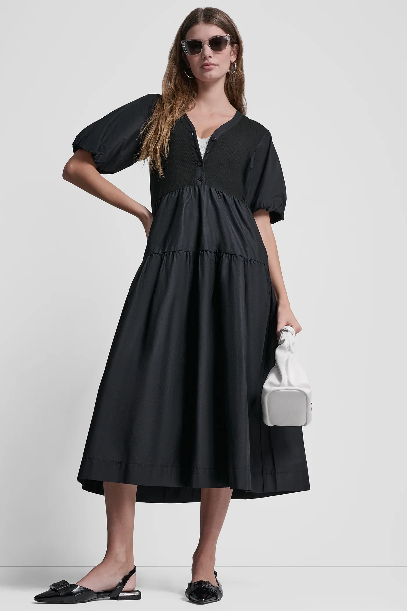 Image of RIB HENLEY MIDI DRESS WITH PUFF SLEEVES