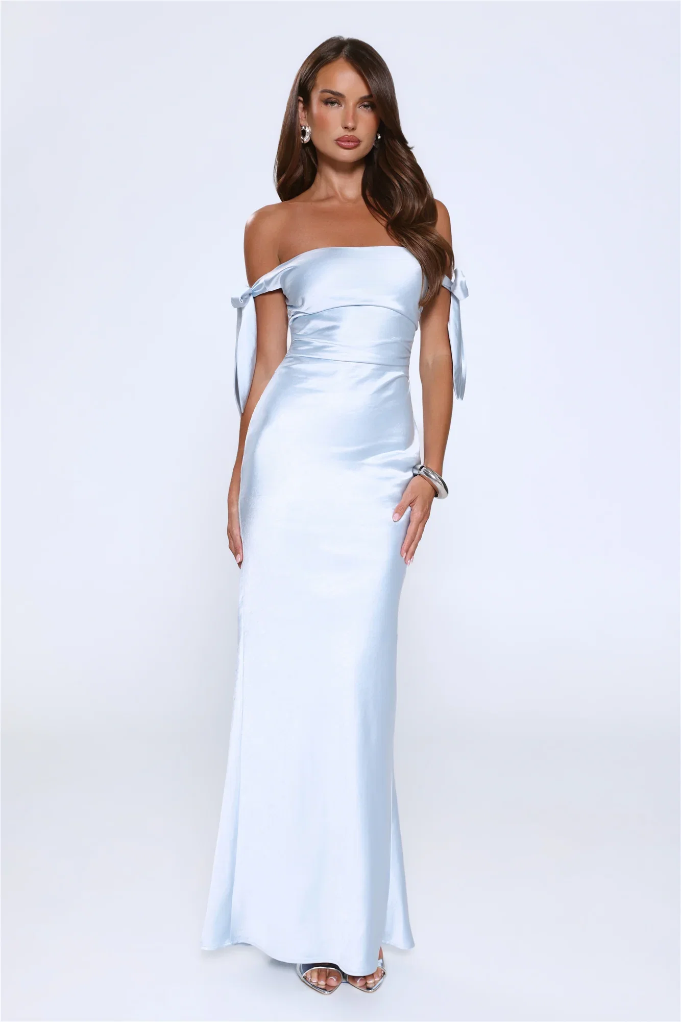 Image of Flirty Intentions Off Shoulder Satin Maxi Dress Blue