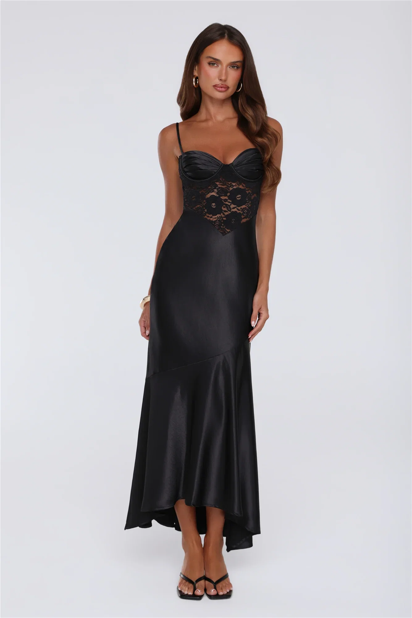 Image of Sultry Horizon Satin Lace Maxi Dress Black