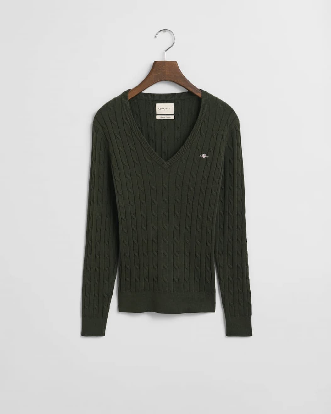 Stretch Cotton Cable Knit V-Neck Sweater
