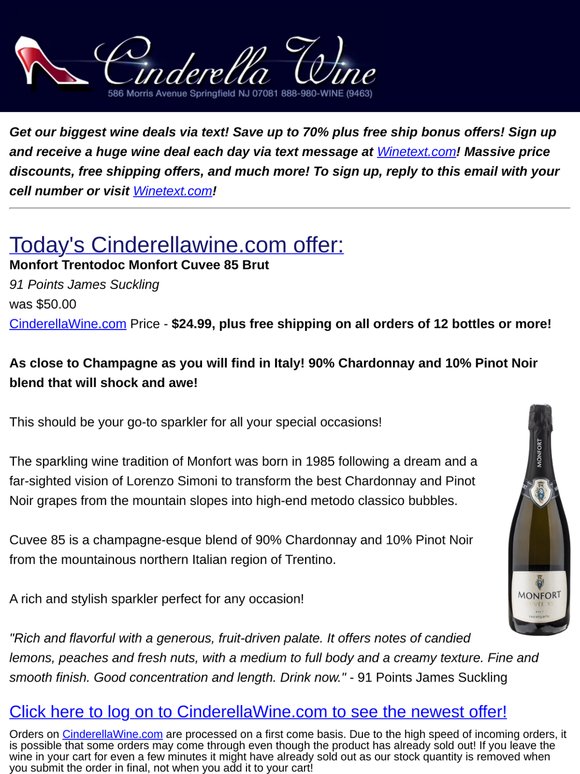 Monfort Trentodoc Monfort Cuvee 85 Brut (91 JS) Free Ship on 12