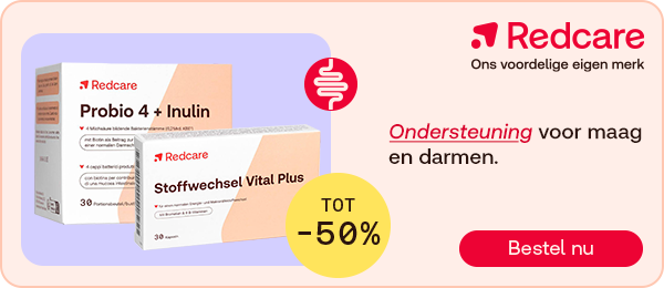 Redcare supplementen tot -50% voor maag en darmen, knop “Bestel nu”.