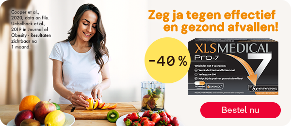 XLS Medical Pro-7 tot -40% voor gewichtsbeheersing, knop “Bestel nu”.