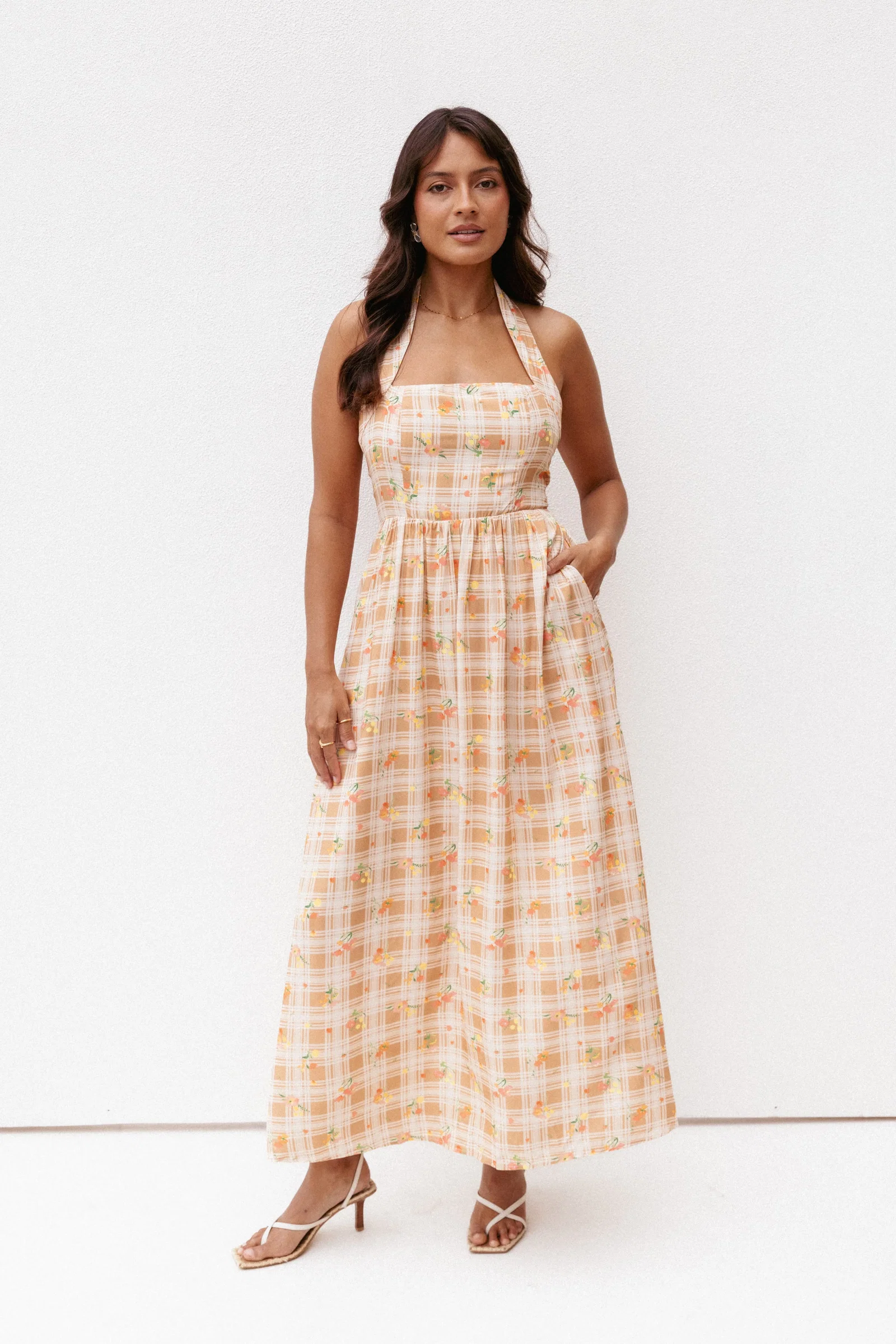 Image of Gemini Halterneck Maxi Dress - Yellow Floral Gingham