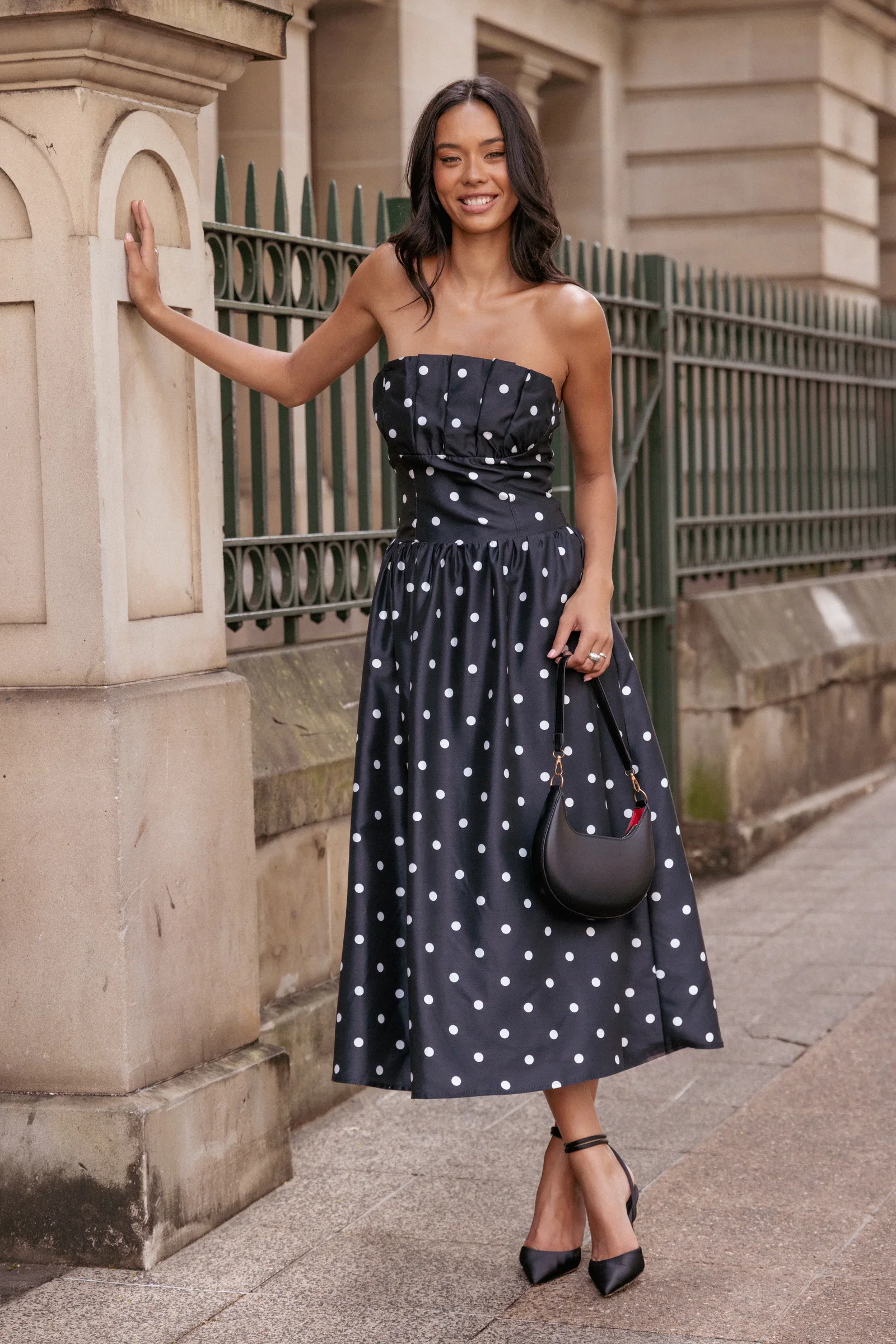 Image of Kimbra Strapless Midi Dress - Black Polka Dot
