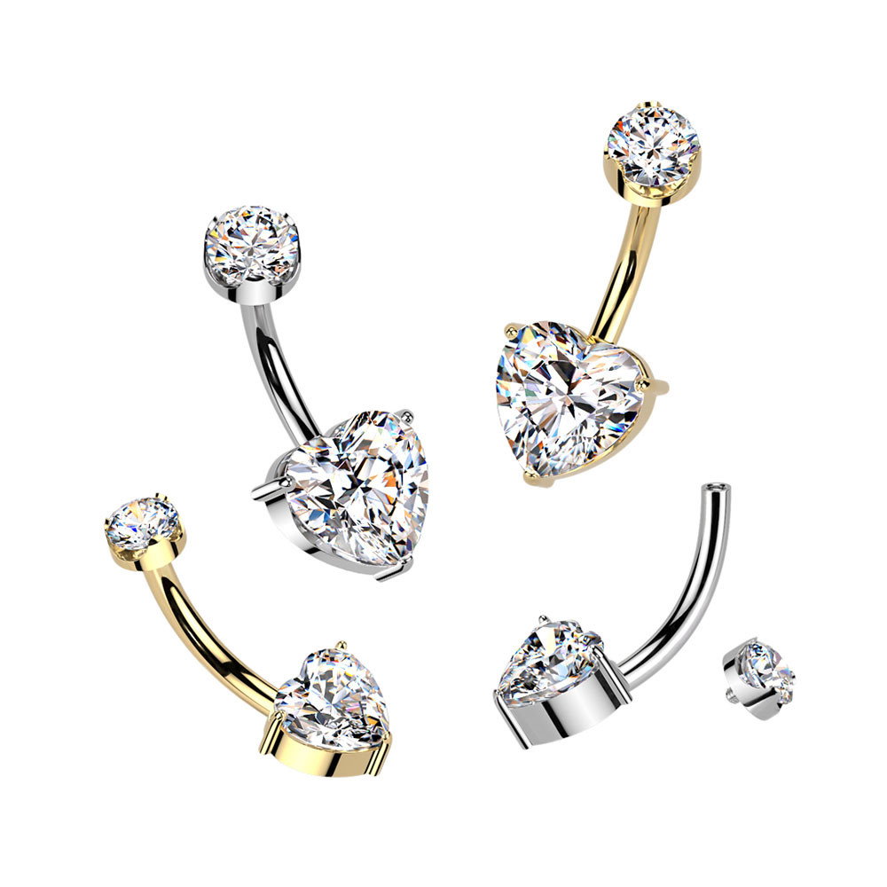  Titanium 24K Gold Plated Trinity Heart CZ Belly Button Rings 14G 10mm 