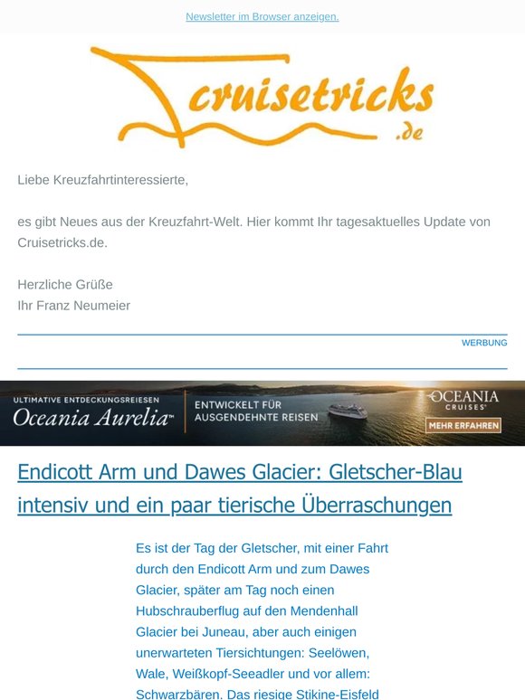 News, u.a.: "Endicott Arm und Dawes Glacier: Gletscher-Blau intensiv und ein paar tierische Überraschungen" - von cruisetricks.de