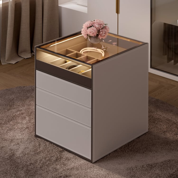 Saddle Leather Glass Top 7-Drawer Walk-In Closet Island with Light and Jewelry Display
