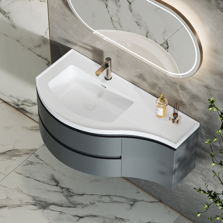 35" Floating Single Curved Bathroom Vanity with Sink & Storage