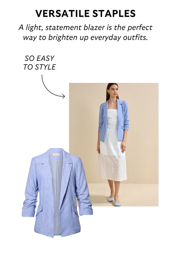 Versatile staples. A light, statement blazer is the perfect way to brighten up everyday outfits.