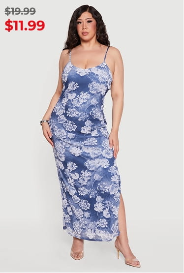 Shop Plus Size Floral Scoop Neck Maxi Cami Dress with Side Slit