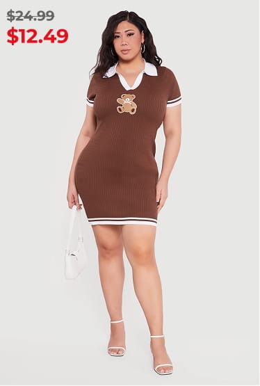 Shop Plus Size Bear Graphic Polo Sweater Dress