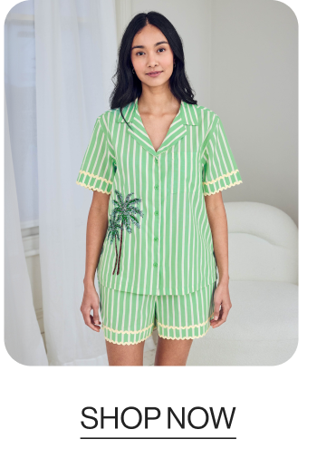 Organic Cotton Embroidered Tropical Palm Stripe Short Pyjama Set
