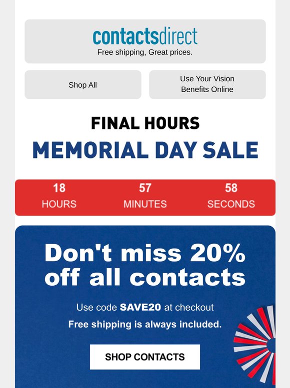 FINAL HOURS: 20% off contacts + free shipping