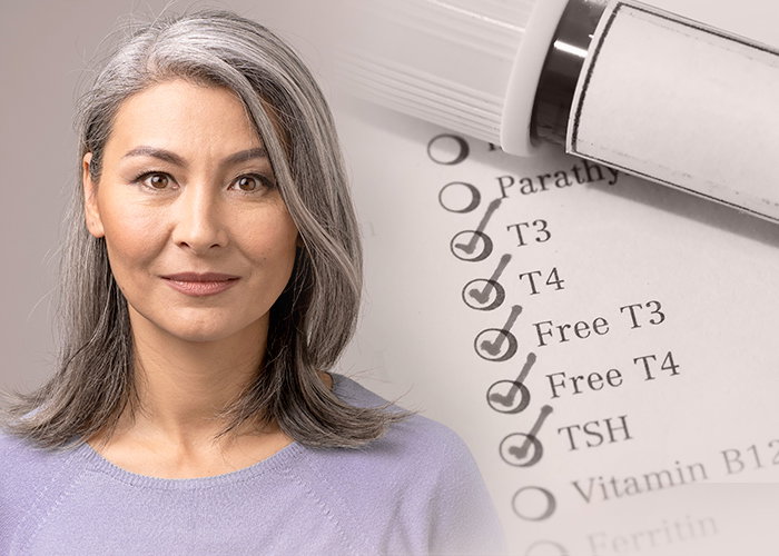 Woman next to list of thyroid hormones