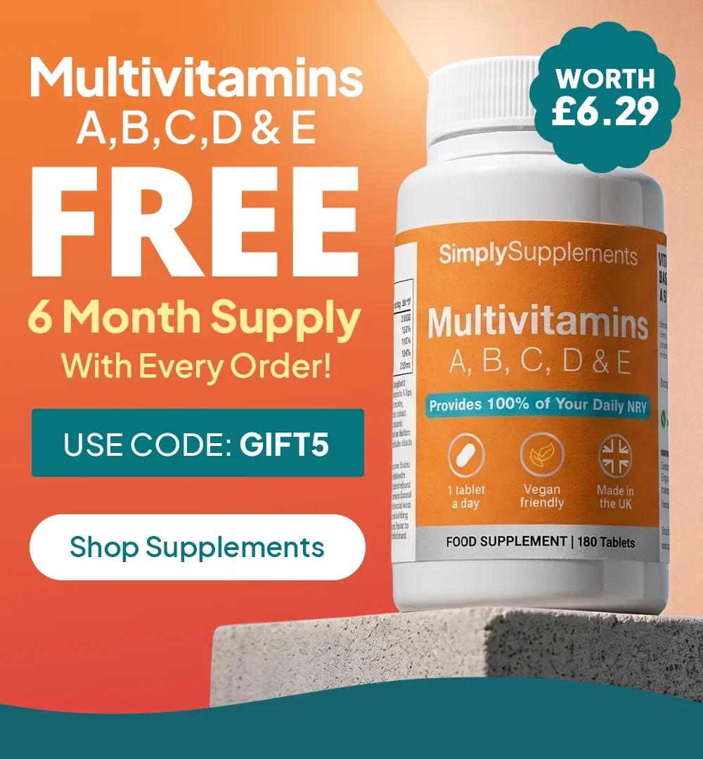 Multivitamins A, B, C, D & E FREE 6 month supply with every order! Use code GIFT5