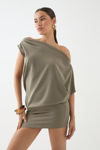 Satin Off Shoulder Asymmetric Bodycon Mini Dress