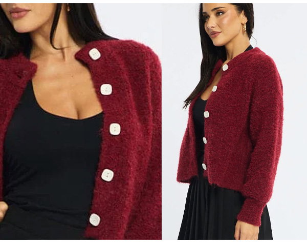 Red Oversized Cardigan. Fuzzy Button Down