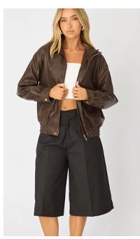 Brown Bomber Jacket Washed Faux Leather